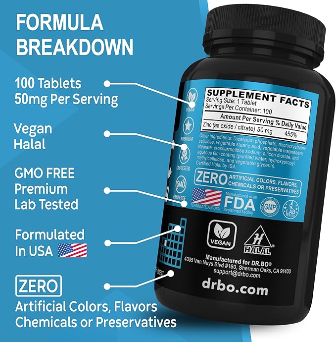 Zinc Supplements 50mg Tablets Supplement - Natural Pure Zinc 50mg Oxide Citrate Capsules Mineral Pills - Vitamin Support Energy Hair Skin Acne Vegan Vitamins for Men & Women - 100 Tablets for Adults