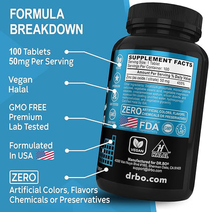 Zinc Supplements 50mg Tablets Supplement - Natural Pure Zinc 50mg Oxide Citrate Capsules Mineral Pills - Vitamin Support Energy Hair Skin Acne Vegan Vitamins for Men & Women - 100 Tablets for Adults