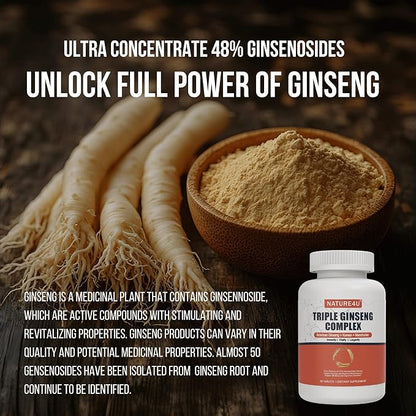 Triple Ginseng Complex, Ultra Potency 15% Ginsenosides from 3 Panax Ginseng Extract for Energy, Memory, Vitality & Immune Support, Healthy Aging for Elderly, 30 Tablets