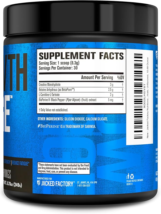Jacked Factory Nutritional Supplement Growth Surge Creatine Post Workout Powder w/L-Carnitine, Daily Muscle Builder & Recovery with Betaine, L-Carnitine L-Tartrate, Unflavored, 10.68 Ounce