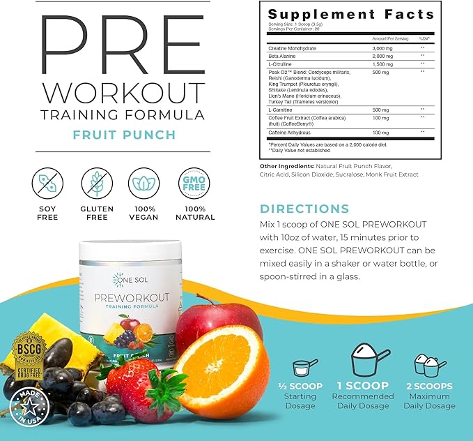 One Sol Pre-Workout for Women, Enhanced Pump & Focus, No Jitters Or Crash, Natural Ingredients, 100% Vegan, Gluten Free & Soy Free, (Fruit Punch)