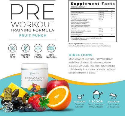 One Sol Pre-Workout for Women, Enhanced Pump & Focus, No Jitters Or Crash, Natural Ingredients, 100% Vegan, Gluten Free & Soy Free, (Fruit Punch)