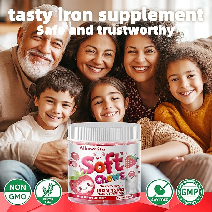 Iron Soft Chews Supplement with Vitamin C | Strawberry Flavored | Gluten Free | Iron Supplement for Women Men and Kids | 60 Count | 2 Month Supply