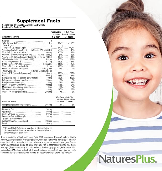 Natures Plus Animal Parade Children's Chewable Multivitamin - 180 Animal-Shaped Tablets, Pack of 2 - Natural Assorted Flavors - Vegan, Gluten Free - 180 Total Servings