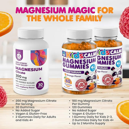 DR. MORITZ Kids Magnesium Citrate Gummies Orange Flavor (120 Count) and 200 mg Calm Magnesium Gummies for Adults in Raspberry Flavor (30 Count) - No Added Sugar & Non-GMO