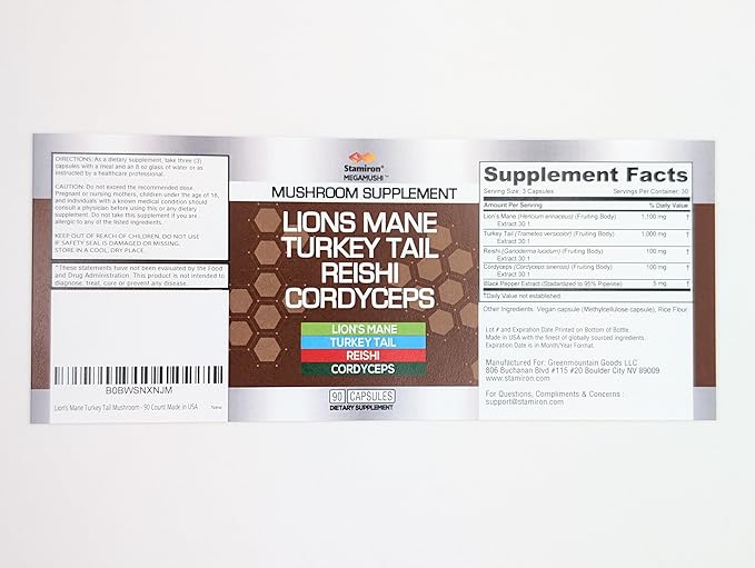 Stamiron Lions Mane Supplement Turkey Tail Mushroom Capsules with Cordyceps Extract & Reishi Mushrooms - Alt to Mushroom Gummies, Mushroom Powder, Mushroom Coffee - 90 Count