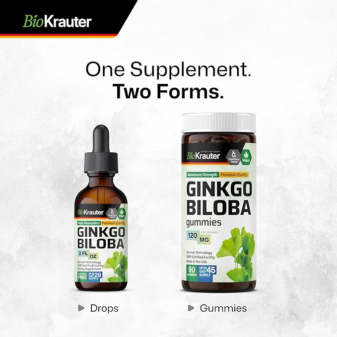 BIO KRAUTER Ginkgo Biloba Extract - Liquid Ginkgo Biloba Supplements for Brain - Vegan, Alcohol & Sugar Free - 2 Fl Oz