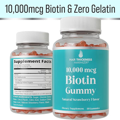 Ultra High Strength Biotin Gummies for Hair Growth for Women and Men. Gelatin Free, Vegan Biotin 10000mcg Chewables for Stronger Hair Skin and Nails. Great Tasting Strawberry Flavored Gummy