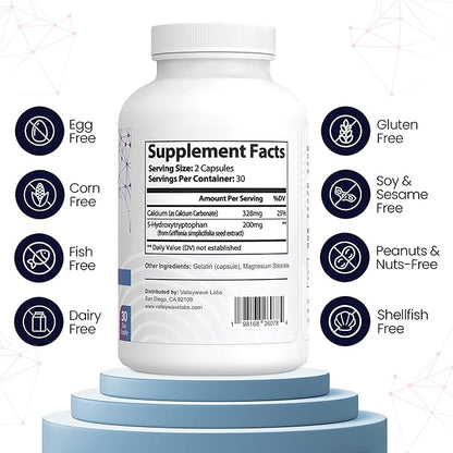 5-HTP - 200mg 5HTP Supplement (5-Hydroxytryptophan) to Support Mood Plus Sleep*, Stress Relief*, 60 Capsules - 30 Day Supply, Made in USA