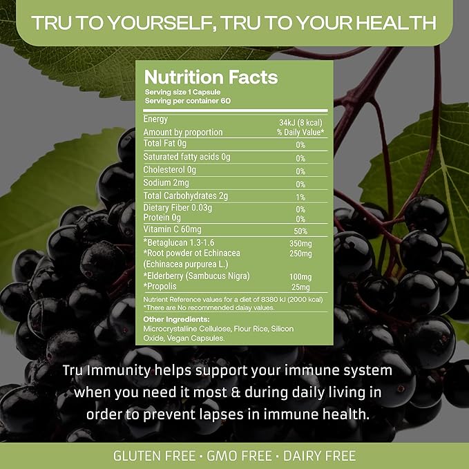 Tru Immunity Boost, Immune Support Supplement, Immune Booster Vitamins for Adults with Elderberry, Echinacea, Vitamin C, Propolis and Beta Glucans, 60 Vegan Capsules
