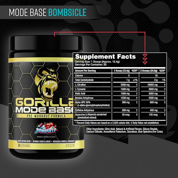 Gorilla Mind Base Pre Workout - Raises Nitric Oxide Intense Focus & Drive Endurance Power - L-Citrulline, L-Tyrosine, Betaine, Alpha-GPC, Caffeine, Huperzine A - 360 Grams (Bombsicle)
