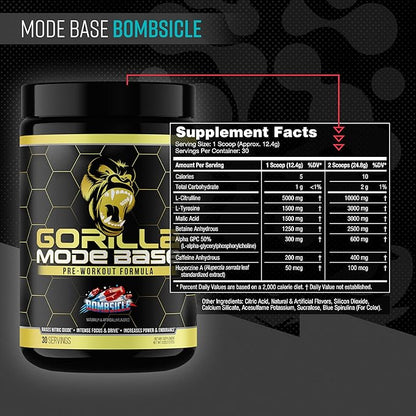 Gorilla Mind Base Pre Workout - Raises Nitric Oxide Intense Focus & Drive Endurance Power - L-Citrulline, L-Tyrosine, Betaine, Alpha-GPC, Caffeine, Huperzine A - 360 Grams (Bombsicle)