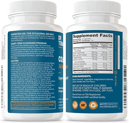 Dr. Tobias Colon 14 Day Cleanse, Advanced Gut Cleanse Detox for Women & Men with Cascara Sagrada, Psyllium Husk, Senna Leaf & Probiotics, Non-GMO Colon Cleanse, 4 Bottles of 28 Capsules (1-2 Daily)