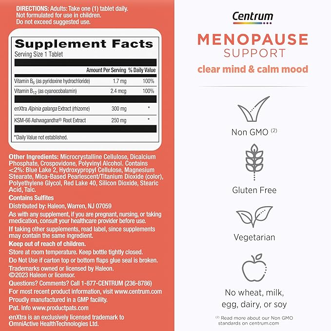 Centrum Clear Mind and Calm Mood Menopause Support Tablets, with Clinically Studied enXtra, 30 Count
