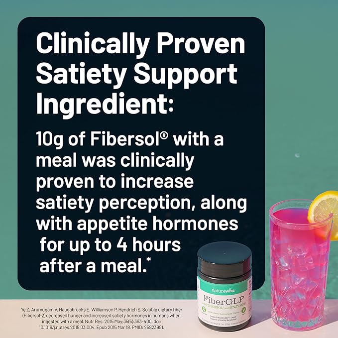 NatureWise FiberGLP Powder - High Fiber GLP-1 Supplement - Supports GLP-1 Levels & Satiety* with Clinically Proven Fibersol® - Vegan & Sugar Free - Strawberry Lemonade Flavor - 4 oz[20 Servings]