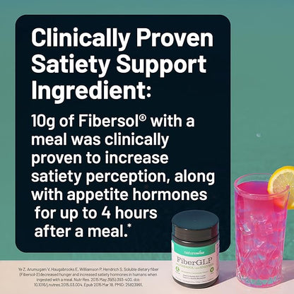NatureWise FiberGLP Powder - High Fiber GLP-1 Supplement - Supports GLP-1 Levels & Satiety* with Clinically Proven Fibersol® - Vegan & Sugar Free - Strawberry Lemonade Flavor - 4 oz[20 Servings]