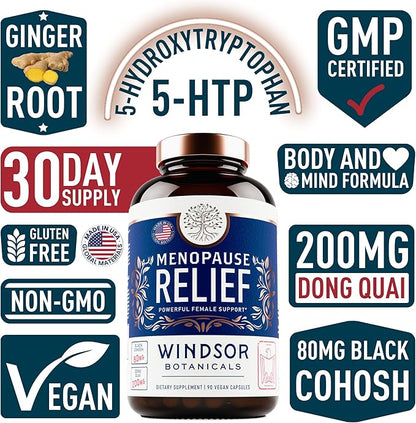 Menopause Supplements for Women - 5-HTP, Dong Quai, Black Cohosh for Menopause Hot Flashes, Night Sweats Relief Support - Womens Pre Meno Premenopausal Perimenopause Supplement - 90 Caps