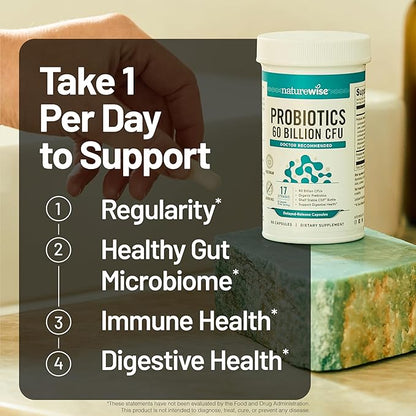 NatureWise Probiotics 60 Billion CFU - 17 Strains + Organic Prebiotics - Immune, Digestive & Gut Health Support for Women & Men - Vegetarian, Gluten-Free, Non-GMO - 30 Capsules[1-Month Supply]