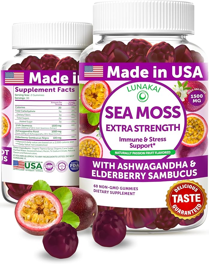 Lunakai USA Made Irish Sea Moss Gummies with Ashwagandha & Elderberry – Delicious Immune & Stress Support Supplement for Men & Women, 60ct