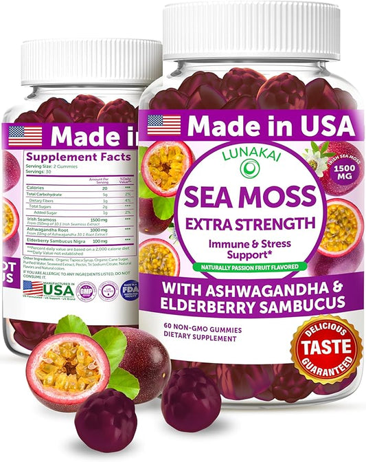 Lunakai USA Made Irish Sea Moss Gummies with Ashwagandha & Elderberry – Delicious Immune & Stress Support Supplement for Men & Women, 60ct