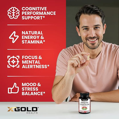 Korean Red Panax Ginseng 1200mg + Ginkgo Biloba -120 Vegan Capsules - High Ginsenosides Extra Strength Root Extract Powder Supplement for Energy, Performance & Focus Pills for Men & Women