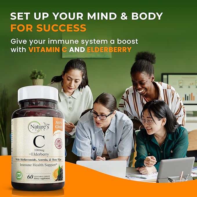 Nature's Potent Vitamin C 1000mg & Elderberry Immune Support Supplement - Vitamin C Supplements with Black Elderberry Extract - Vegetarian Immune Support Vitamins - (60 Tablets)