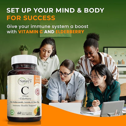 Nature's Potent Vitamin C 1000mg & Elderberry Immune Support Supplement - Vitamin C Supplements with Black Elderberry Extract - Vegetarian Immune Support Vitamins - (60 Tablets)