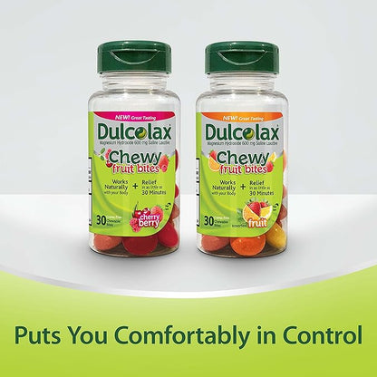 Dulcolax Chewy Fruit Bites, Saline Laxative, Cherry Berry (30ct) Cramp-Free Constipation Relief (Pack of 2)
