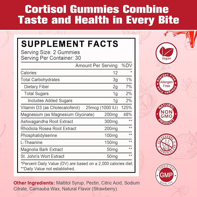 Cortisol Gummies for Women with Ashwagandha, Rhodiola Rosea, L-Theanine, Magnesium, Vitamin D3 for Zzz Support, Balanced Cortisol, Vegan, 60 Gummies