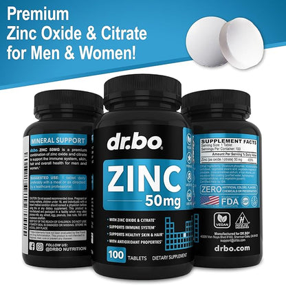 Zinc Supplements 50mg Tablets Supplement - Natural Pure Zinc 50mg Oxide Citrate Capsules Mineral Pills - Vitamin Support Energy Hair Skin Acne Vegan Vitamins for Men & Women - 100 Tablets for Adults