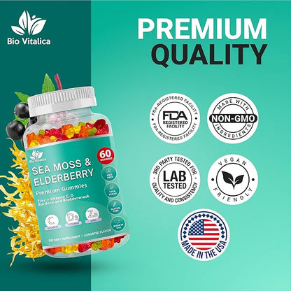 BIO VITALICA Sea Moss Gummies Elderberry BioVitalica - Vitamin C D + Zinc - Irish Seamoss Vegan Gummy with Sea Moss Gel & Powder for Immunity, Detox - for Adults and Kids (2Packs)