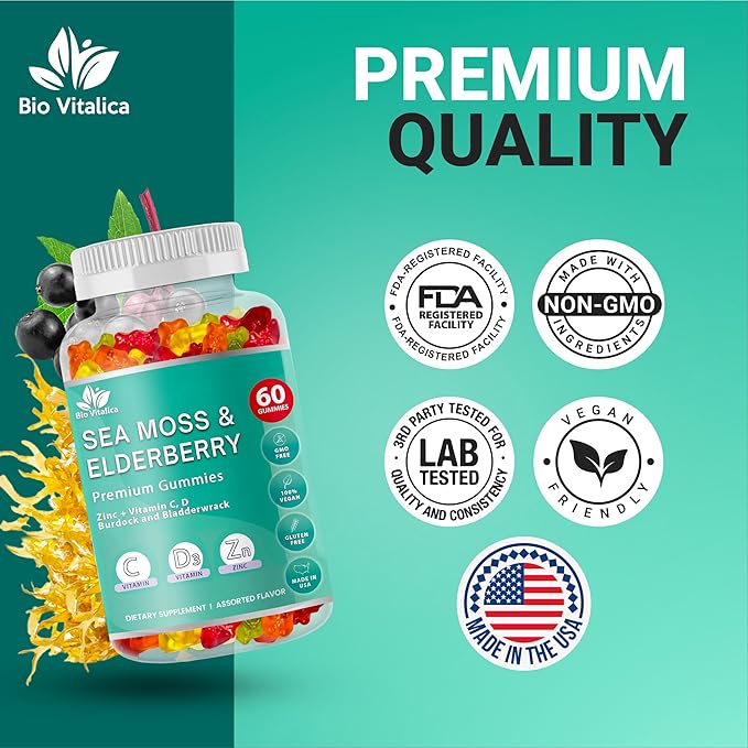 BIO VITALICA Sea Moss Gummies Elderberry BioVitalica - Vitamin C D + Zinc - Irish Seamoss Vegan Gummy with Sea Moss Gel & Powder for Immunity, Detox - for Adults and Kids (3Packs)