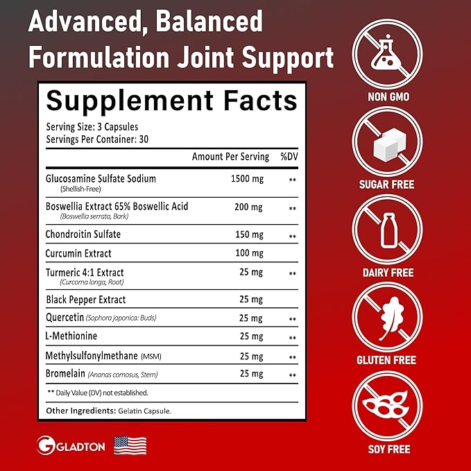 Glucosamine Chondroitin MSM Curcumin Turmeric Boswellia - Joint Support Supplement for Bone Back Knee Hand Flexibility, Mobility. Joint Health Supplement for Women & Men. 90 Capsules