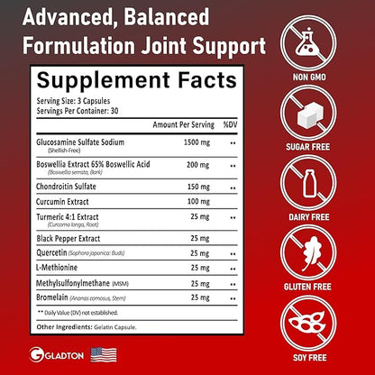 Glucosamine Chondroitin MSM Curcumin Turmeric Boswellia - Joint Support Supplement for Bone Back Knee Hand Flexibility, Mobility. Joint Health Supplement for Women & Men. 90 Capsules