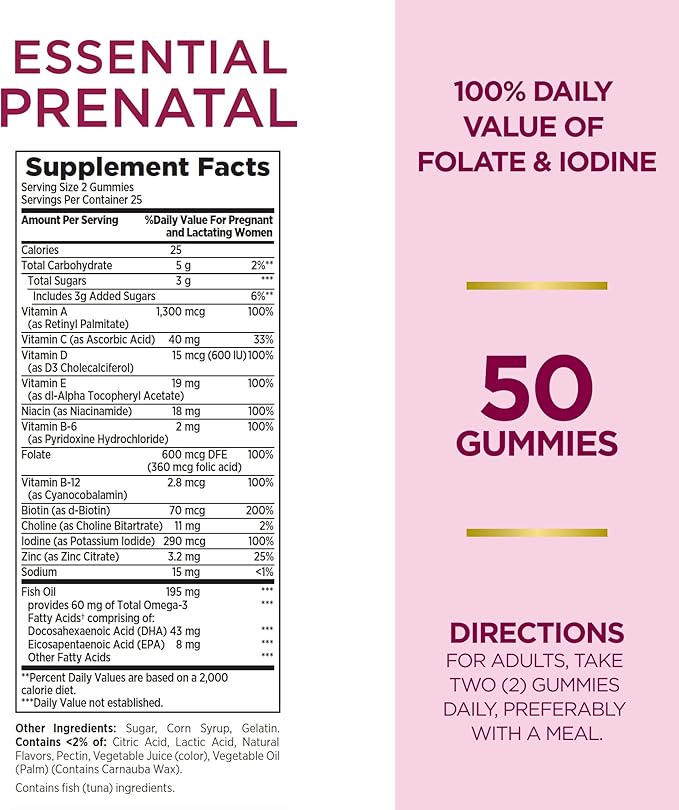 Nature's Bounty Optimal Solutions Essential Prenatal Gummies, Folic Acid and Iodine, Omega 3 and DHA, 50 Count, 25 Total Servings