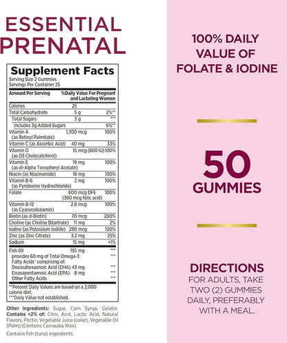 Nature's Bounty Optimal Solutions Essential Prenatal Gummies, Folic Acid and Iodine, Omega 3 and DHA, 50 Count, 25 Total Servings