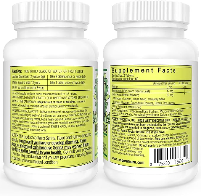 Swiss Kriss Herbal Laxative Tablets, Gentle & Natural Laxatives for Constipation Relief for Adults & Children over Age 6, Works in 6-12 Hours, Senna Laxative (Pack of 4-1000 Tablets Total)