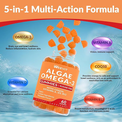 Vegan Omega 3 Gummies, Algae Omega-3 Supplement DHA 240mg, EPA 110mg w/Vitamin B12, CoQ10, Fish Oil Alternative for Adults - Brain, Bone, Eye & Immunity Support