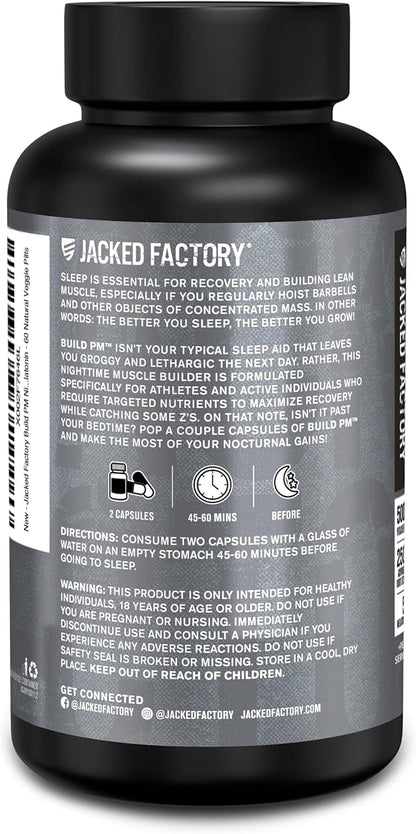 Jacked Factory Build PM Night Time Muscle Builder & Sleep Aid - Post Workout Recovery & Sleep Support Supplement w/VitaCherry Tart Cherry, Ashwagandha, & Melatonin - 60 Natural Veggie Pills