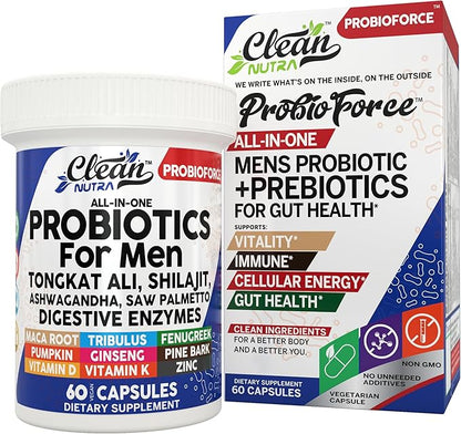 Clean Nutra Probiotics for Men | Tongkat Ali, Saw Palmetto, Tribulus, Ginseng, Ashwagandha, Maca, Pumpkin, Gingko Biloba, Pine Bark, Fenugreek, Shilajit, Zinc - Mens Probiotic 60 Capsules