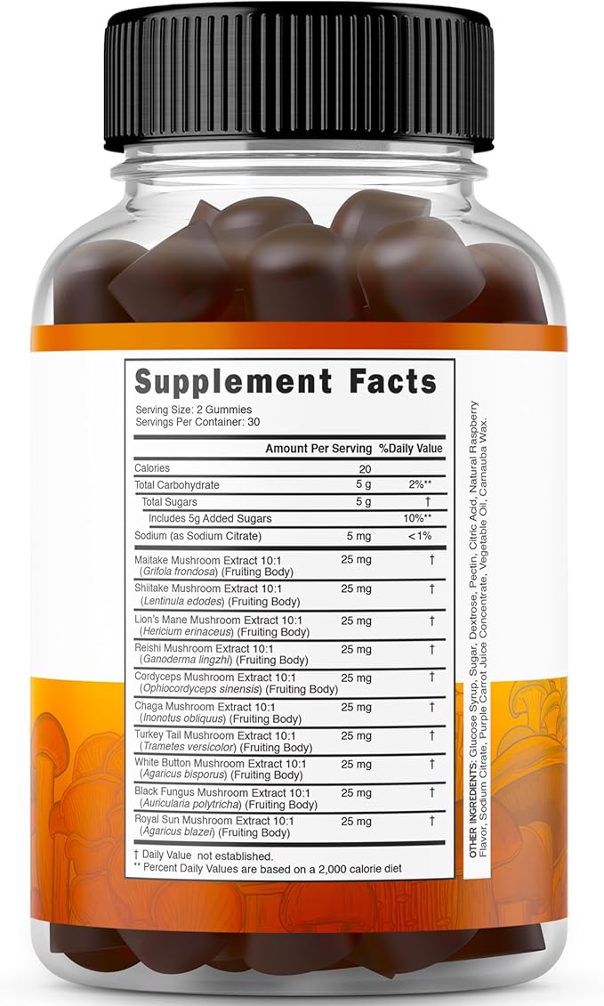 Mushroom Gummies 10 in 1 Blend (60 Gummies with Lions Mane, Cordyceps, Reishi & More Functional Mushrooms) Focus & Brain Gummy Mushroom Supplement - Vegan Safe & Third Party Tested - USA Made