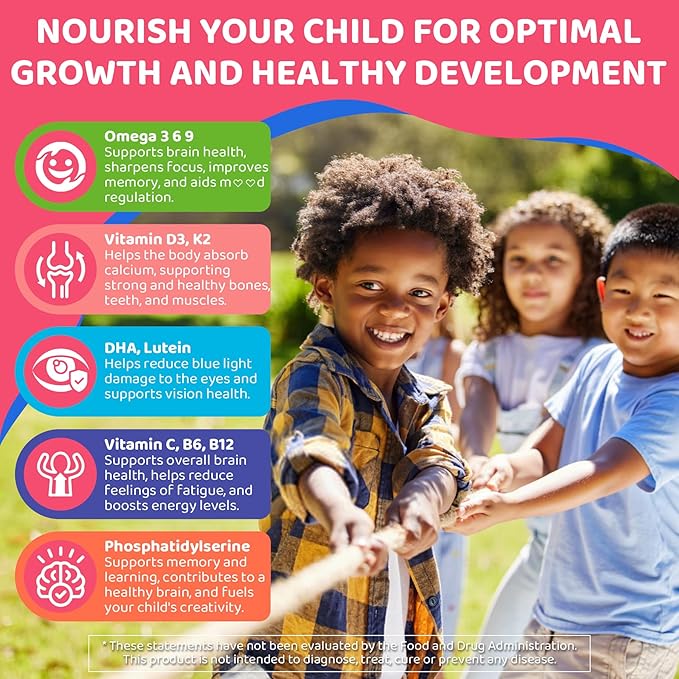 Omega 3 Gummies for Kids 4+, with DHA, Vitamin D3 K2, C, B6, B12, Luetin & Omega 3 6 9, No Fish Taste, Sugar Free Kids Vitamins Gummies, for Brain Bone Eyes Focus Immunity, Fish Oil Alternative, 60Cts