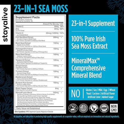 STAY ALIVE Irish Sea Moss Black Seed Oil Ashwagandha Ginger Burdock Root Bladderwrack Powder, 23-in-1 Advanced Supplement, 60 Vegan Pills, Non-GMO and Gluten-Free Sea Moss Extract Capsules