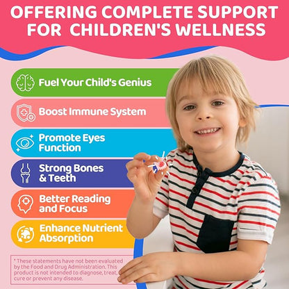 Omega 3 Gummies for Kids 4+, with DHA, Vitamin D3 K2, C, B6 B12, Luetin & Omega 3 6 9, No Fish Taste, Sugar Free Kids Vitamins Gummies, for Brain Bone Eyes Focus Immunity, Fish Oil Alternative, 120Cts