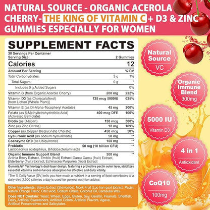 Vitamin C D3 5000IU Zinc Gummies Tailored for Women, Elderberry, Echinacea for Immune, Folate, Hyaluronic Acid, Copper, Vit E for Beauty, CoQ10 for Energy, Overall Health, Sugar Free,Chewable, Natural