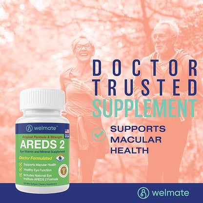 WELMATE - AREDS 2 (60 Servings) - Eye Vitamin and Mineral Supplement - Vitamin C, Zinc, Lutein, Zeaxanthin - Macular Health - Doctor Formulated & Tested - Eye Care - Gluten Free - 120 Mini Softgels