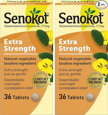 Senokot Extra Strength Natural Vegetable Laxative for Gentle Overnight Relief Occasional Constipation, 36 Count (Pack of 2)