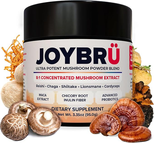 JOYBRÜ Ultra Potent Mushroom Powder Blend, 8:1 Concentrated Extract, Reishi, Chaga, Shiitake, Lion's Mane, Cordyceps, Maca, Probiotics, 3.35oz