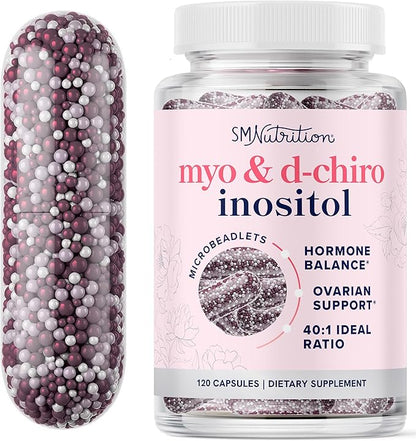 Myo-Inositol & D-Chiro Inositol for Hormone Balance for Women | Microbeadlets to Regulate Menstrual Cycle & Support Ovarian Health | 40:1 Ratio Myo & D Chiro | Non-GMO | 120 Ct (2 Month Supply)