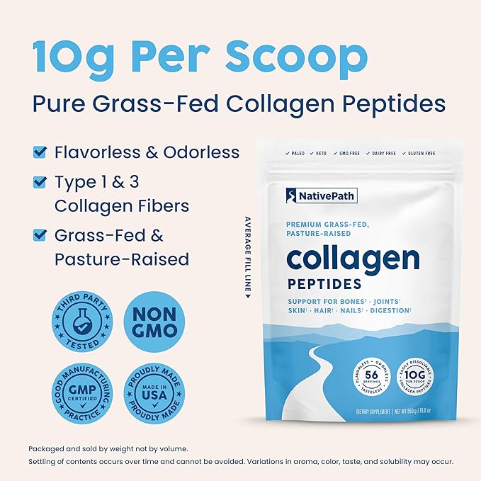 NativePath Collagen Peptides Protein - Hydrolyzed Type 1 & 3 Collagen Powder for Skin, Hair, Nails - 19.8 oz (56 Servings)